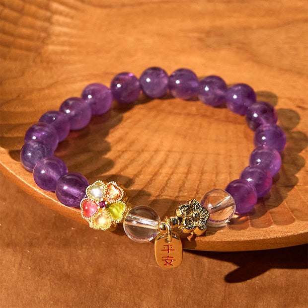Buddha Stones Natural Amethyst White Crystal Flower Healing Safe And Well Charm Bracelet - image 5