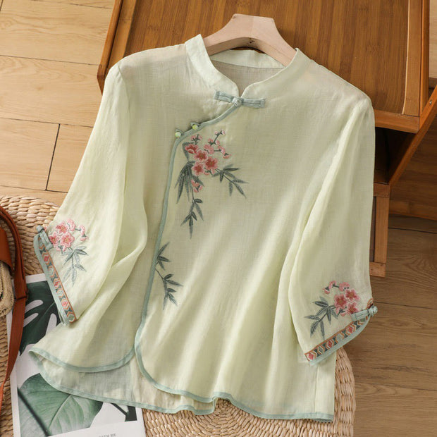 Buddha Stones Casual Embroidered Flower Stand Collar Design Three Quarter Sleeve Women's Cotton Linen Shirt