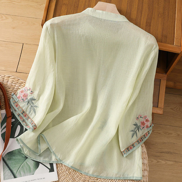 Buddha Stones Casual Embroidered Flower Stand Collar Design Three Quarter Sleeve Women's Cotton Linen Shirt