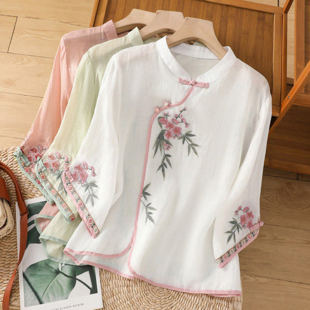 Buddha Stones Casual Embroidered Flower Stand Collar Design Three Quarter Sleeve Women's Cotton Linen Shirt