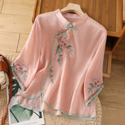 Buddha Stones Casual Embroidered Flower Stand Collar Design Three Quarter Sleeve Women's Cotton Linen Shirt