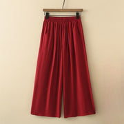 Buddha Stones Casual Plain Cotton Linen Elastic Waist Wide Leg Pants With Pockets