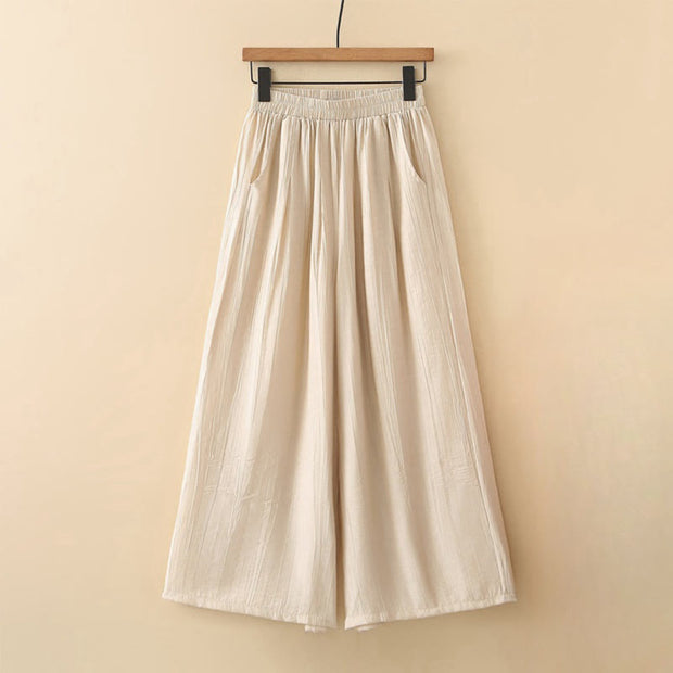 Buddha Stones Casual Plain Cotton Linen Elastic Waist Wide Leg Pants With Pockets