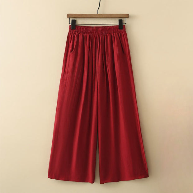 Buddha Stones Casual Plain Cotton Linen Elastic Waist Wide Leg Pants With Pockets