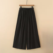 Buddha Stones Casual Plain Cotton Linen Elastic Waist Wide Leg Pants With Pockets