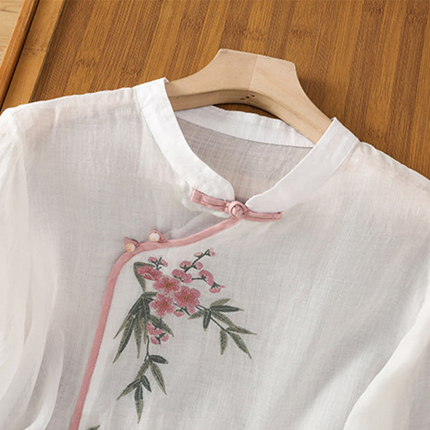 Buddha Stones Casual Embroidered Flower Stand Collar Design Three Quarter Sleeve Women's Cotton Linen Shirt