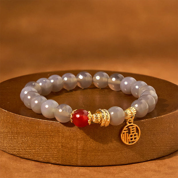 Buddha Stones Year Of The Snake Gray Agate Red Agate Fu Character Positivity Bracelet