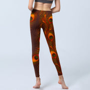 Buddha Stones Brown Peacock Feathers Print Gym Leggings Women's Yoga Pants