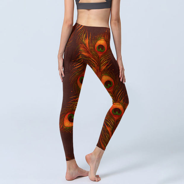 Buddha Stones Brown Peacock Feathers Print Gym Leggings Women's Yoga Pants