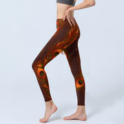 Buddha Stones Brown Peacock Feathers Print Gym Leggings Women's Yoga Pants