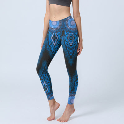 Buddha Stones Blue Mandala Feathers Print Gym Leggings Women's Yoga Pants - MediumBlue - US18，UK/AU22，EU50 (4XL) - image 1