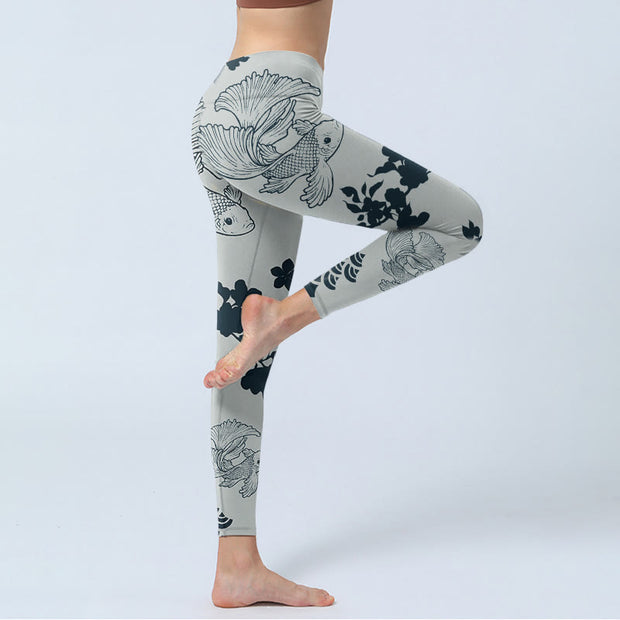 Buddha Stones Gray Koi Fish Floral Waves Print Gym Leggings Women's Yoga Pants - image 4