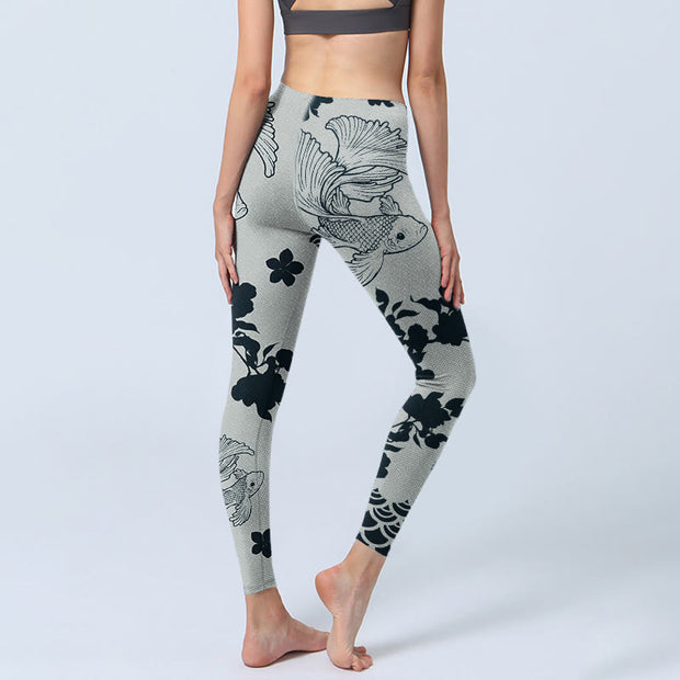 Buddha Stones Gray Koi Fish Floral Waves Print Gym Leggings Women's Yoga Pants - image 5