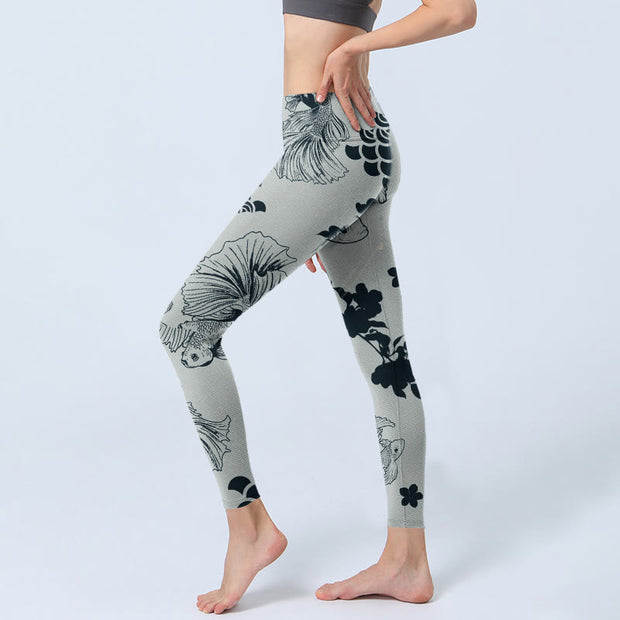 Buddha Stones Gray Koi Fish Floral Waves Print Gym Leggings Women's Yoga Pants - image 3