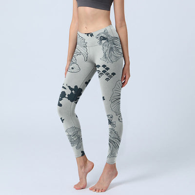 Buddha Stones Gray Koi Fish Floral Waves Print Gym Leggings Women's Yoga Pants