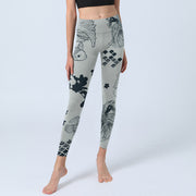 Buddha Stones Gray Koi Fish Floral Waves Print Gym Leggings Women's Yoga Pants - image 6