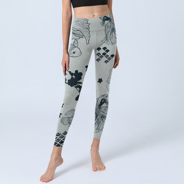 Buddha Stones Gray Koi Fish Floral Waves Print Gym Leggings Women's Yoga Pants - image 6
