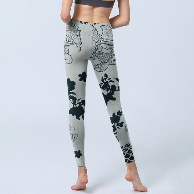 Buddha Stones Gray Koi Fish Floral Waves Print Gym Leggings Women's Yoga Pants - image 7