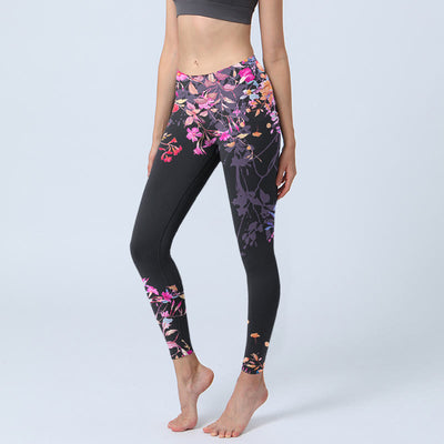 Buddha Stones Black Pink Floral Leaves Print Gym Leggings Women's Yoga Pants - Black - US18，UK/AU22，EU50 (4XL) - image 1