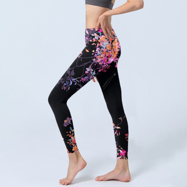 Buddha Stones Black Pink Floral Leaves Print Gym Leggings Women's Yoga Pants