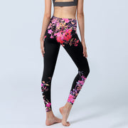 Buddha Stones Black Pink Floral Leaves Print Gym Leggings Women's Yoga Pants