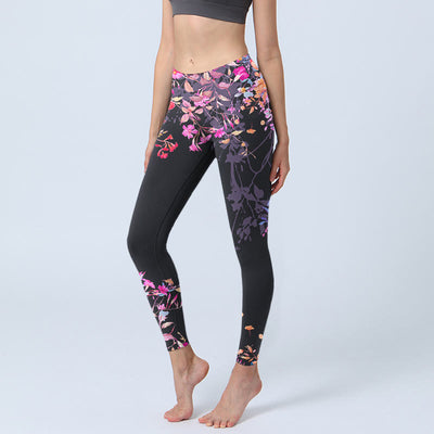 Buddha Stones Black Pink Floral Leaves Print Gym Leggings Women's Yoga Pants