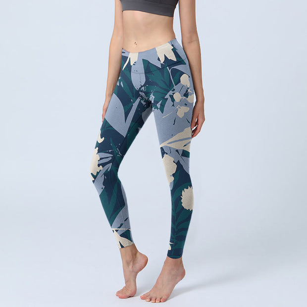 Buddha Stones Blue Plant Leaves Print Gym Leggings Women's Yoga Pants