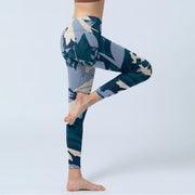 Buddha Stones Blue Plant Leaves Print Gym Leggings Women's Yoga Pants