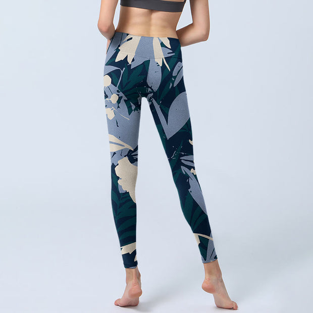 Buddha Stones Blue Plant Leaves Print Gym Leggings Women's Yoga Pants - image 7