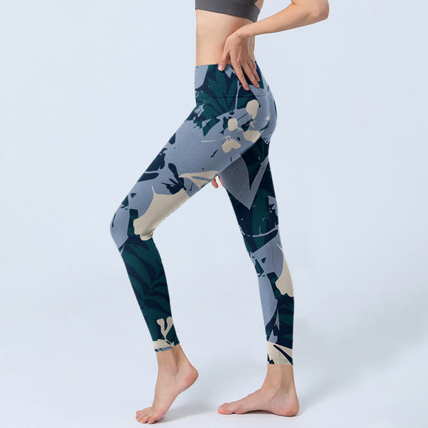 Buddha Stones Blue Plant Leaves Print Gym Leggings Women's Yoga Pants - image 3