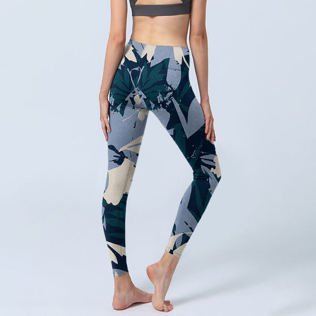 Buddha Stones Blue Plant Leaves Print Gym Leggings Women's Yoga Pants - image 4