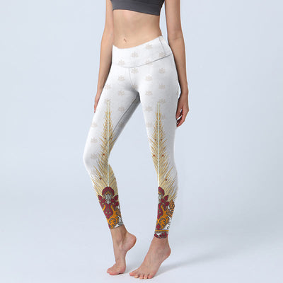 Buddha Stones White Abstract Lotus Flower Print Gym Leggings Women's Yoga Pants