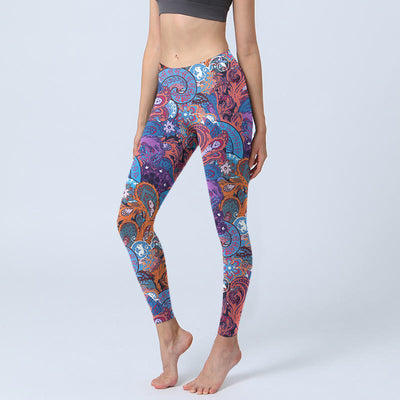 Buddha Stones Colorful Floral Curly Grass Print Gym Leggings Women's Yoga Pants - CornflowerBlue - US18，UK/AU22，EU50 (4XL) - image 1