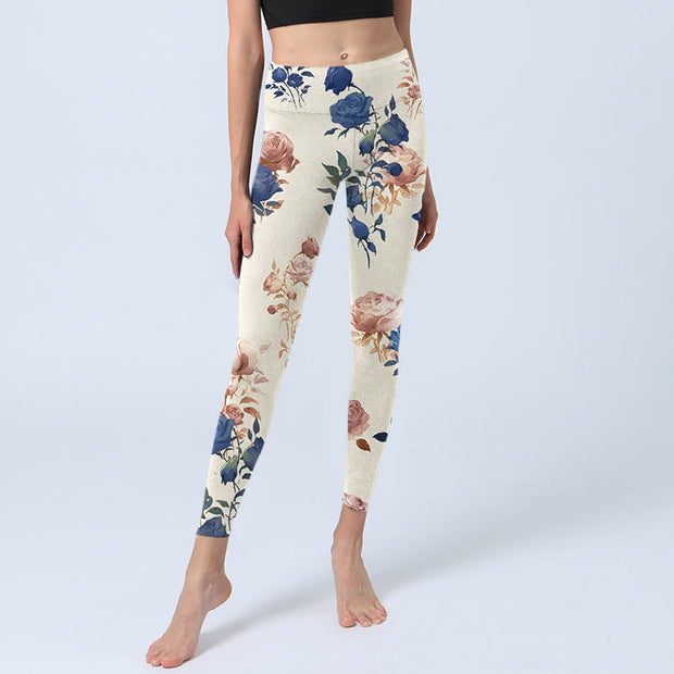 Buddha Stones Red Blue Rose Leaf Print Gym Leggings Women's Yoga Pants - image 6