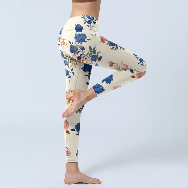 Buddha Stones Red Blue Rose Leaf Print Gym Leggings Women's Yoga Pants - image 4