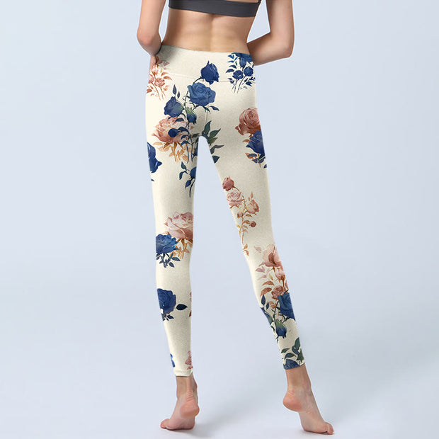 Buddha Stones Red Blue Rose Leaf Print Gym Leggings Women's Yoga Pants - image 7