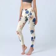 Buddha Stones Red Blue Rose Leaf Print Gym Leggings Women's Yoga Pants