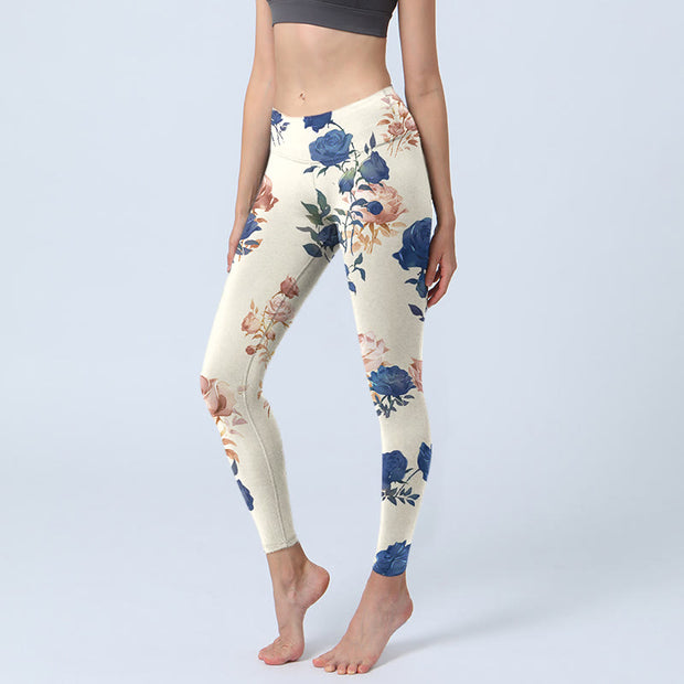 Buddha Stones Red Blue Rose Leaf Print Gym Leggings Women's Yoga Pants