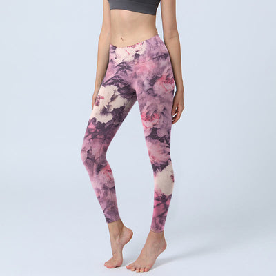 Buddha Stones Purple Peony Flowers Print Gym Leggings Women's Yoga Pants