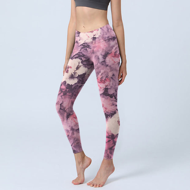 Buddha Stones Purple Peony Flowers Print Gym Leggings Women's Yoga Pants - Orchid - US18，UK/AU22，EU50 (4XL) - image 1