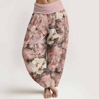 Buddha Stones Casual Elegant Peony Flowers Women's Elastic Waist Harem Pants