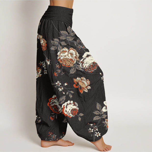 Buddha Stones Casual Rose Leaf Pattern Women's Elastic Waist Harem Pants