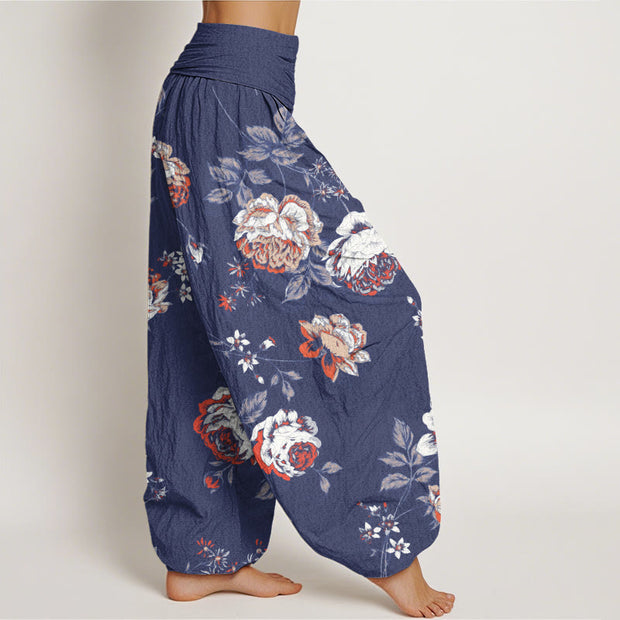 Buddha Stones Casual Rose Leaf Pattern Women's Elastic Waist Harem Pants