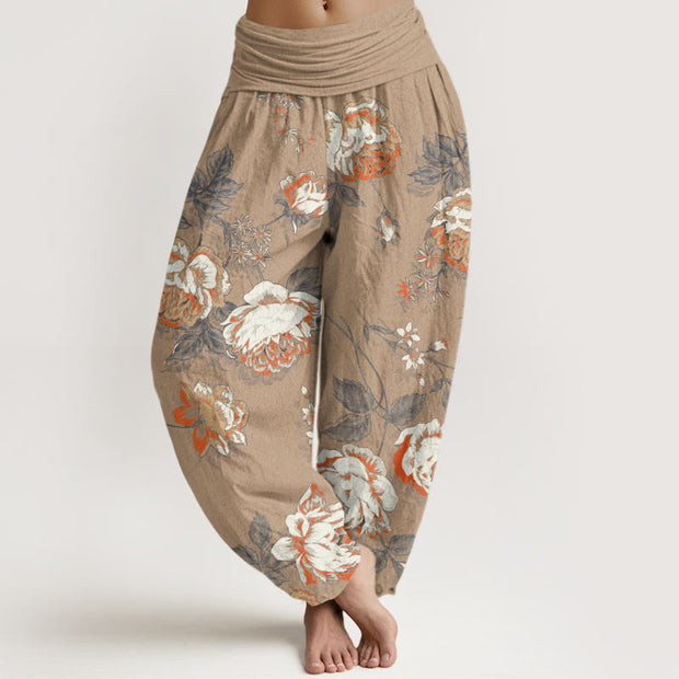 Buddha Stones Casual Rose Leaf Pattern Women's Elastic Waist Harem Pants