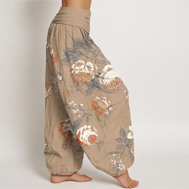 Buddha Stones Casual Rose Leaf Pattern Women's Elastic Waist Harem Pants