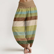 Buddha Stones Casual Colorful Horizontal Stripe Pattern Women's Elastic Waist Harem Pants