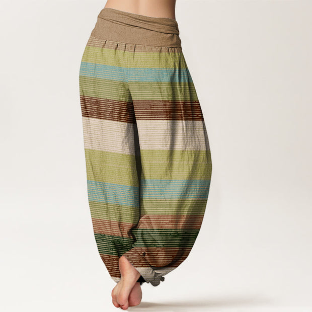 Buddha Stones Casual Colorful Horizontal Stripe Pattern Women's Elastic Waist Harem Pants