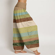 Buddha Stones Casual Colorful Horizontal Stripe Pattern Women's Elastic Waist Harem Pants