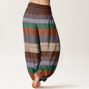 Buddha Stones Casual Colorful Horizontal Stripe Pattern Women's Elastic Waist Harem Pants