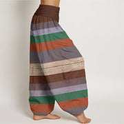 Buddha Stones Casual Colorful Horizontal Stripe Pattern Women's Elastic Waist Harem Pants